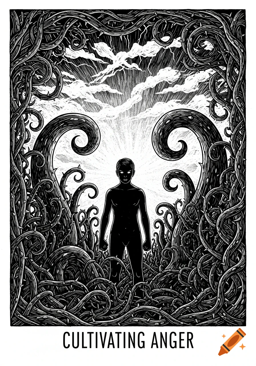 Black and white linocut of a silhouetted figure with glowing eyes amidst thorny vines, text reads "CULTIVATING ANGER".