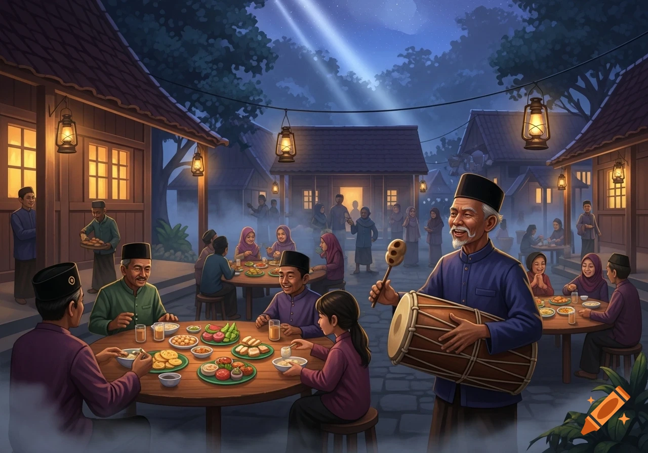 Illustrative scene of a community gathering at night, with people eating around tables and a man playing a drum.
