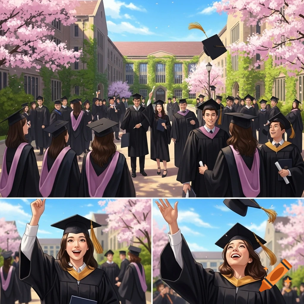 Illustration of a joyful university graduation ceremony with students in caps and gowns celebrating on a campus lined with cherry blossoms.