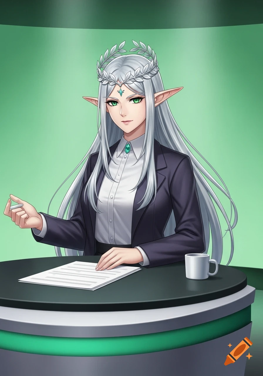 An anime elf woman with long silver hair and green eyes, wearing a suit and a crown, sits at a news desk against a green background.