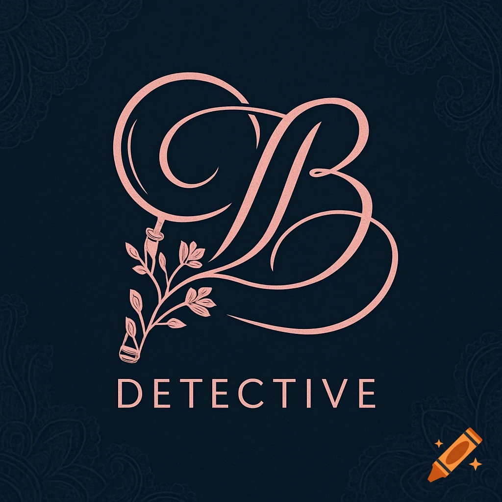 Elegant rose gold logo with a stylized 'B', a magnifying glass with foliage, and the word 'DETECTIVE' on a dark blue background.