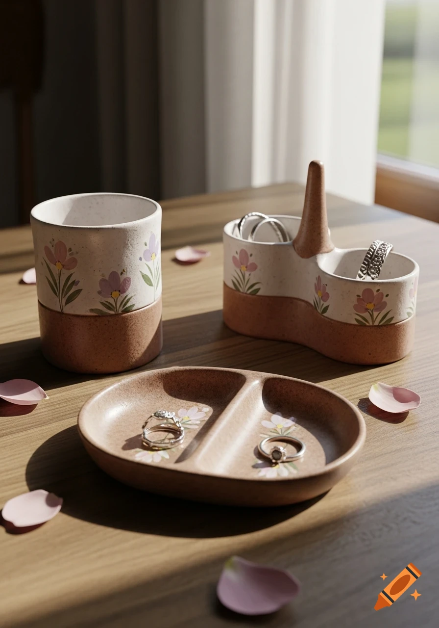 Pottery jewelry holders with floral designs, holding rings on a wooden table with scattered pink petals and sunlight.
