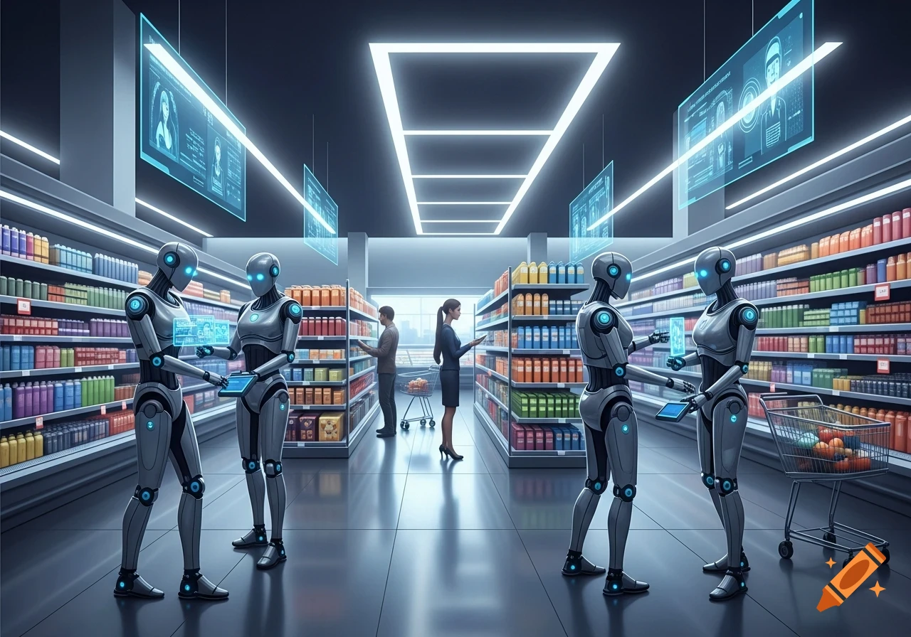 Robots and humans interacting in a brightly lit futuristic supermarket with many shelves of products and glowing holographic displays.