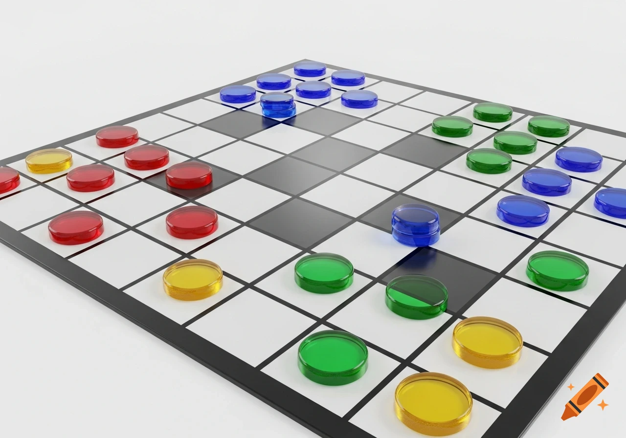 A 3D rendering of a game board with black and white squares and translucent red, blue, green, and yellow glass game pieces.
