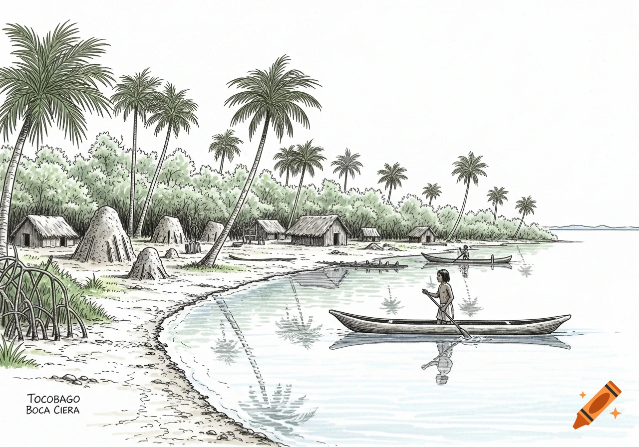 An illustrated tropical landscape shows a village with huts and palm trees along a sandy shore, with two people paddling canoes in the calm bay.