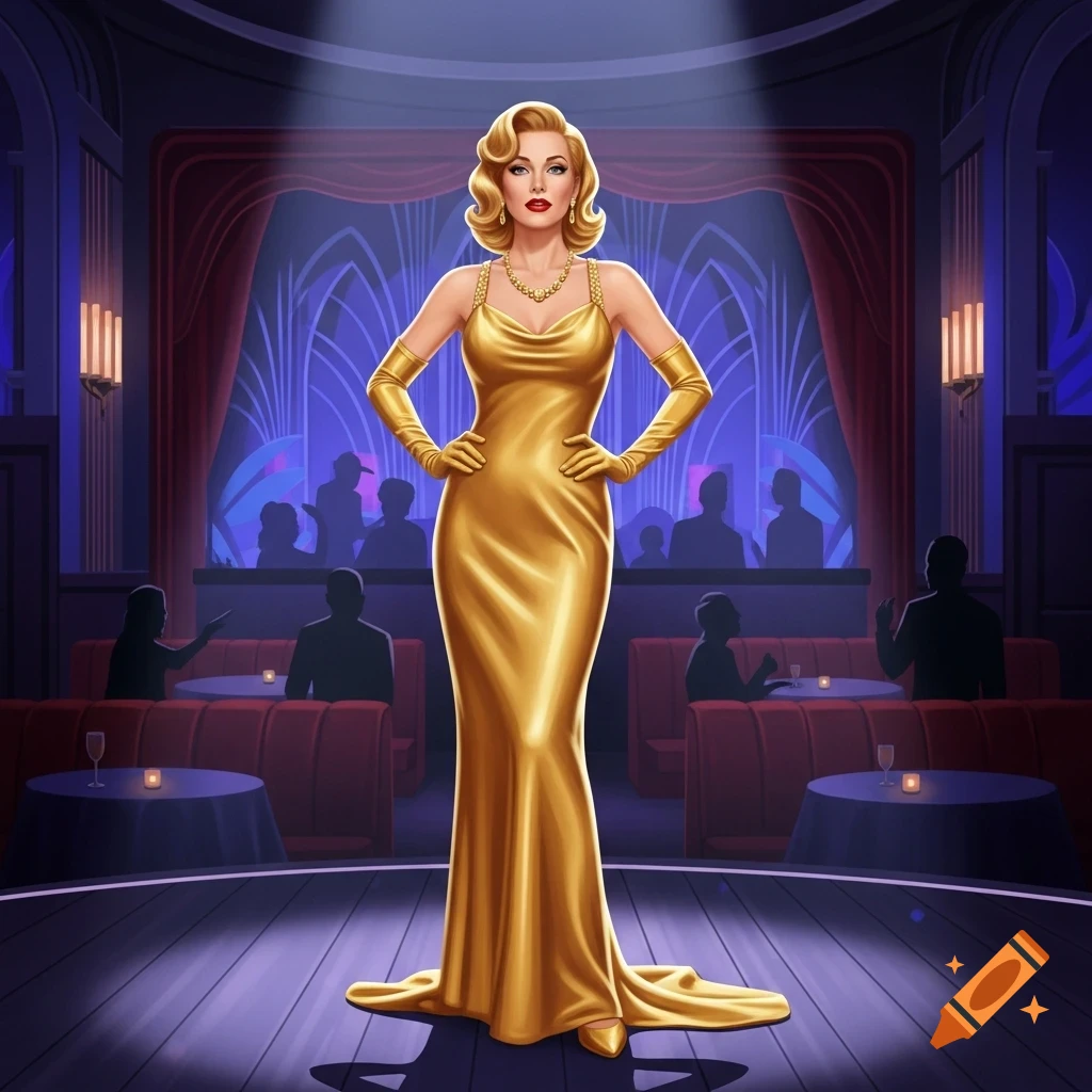 Glamorous woman in a long gold gown and gloves, standing in a spotlight on a stage in a dark art deco cabaret.