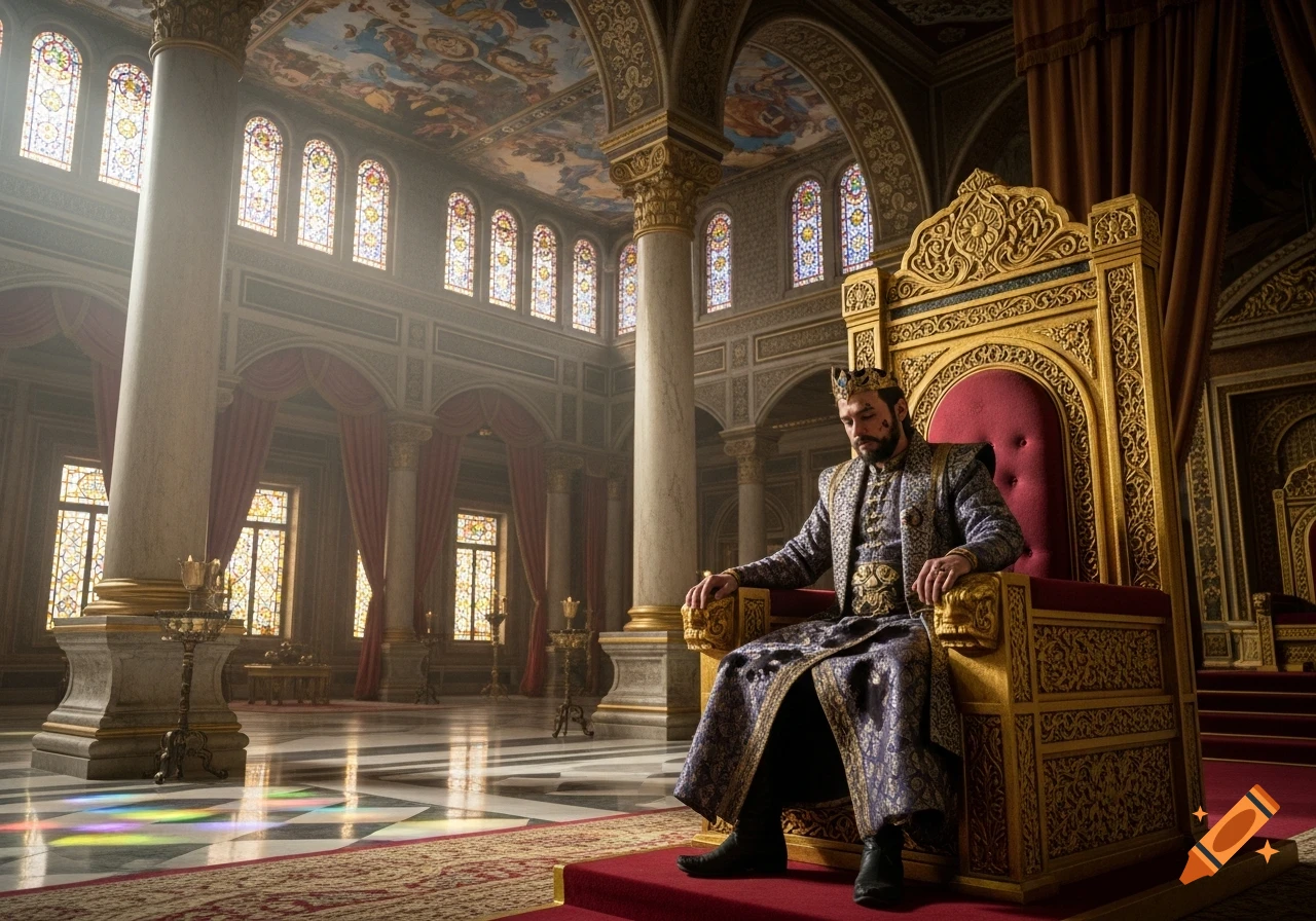 A king with a distressed expression sits on an ornate golden throne in a grand hall with stained glass windows.