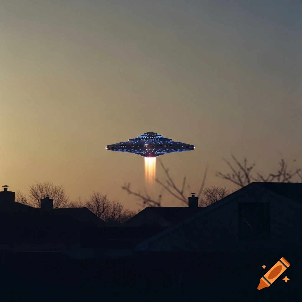 A lenticular starship with indigo lights and an orange glow underneath hovers over silhouetted suburban houses at dawn.