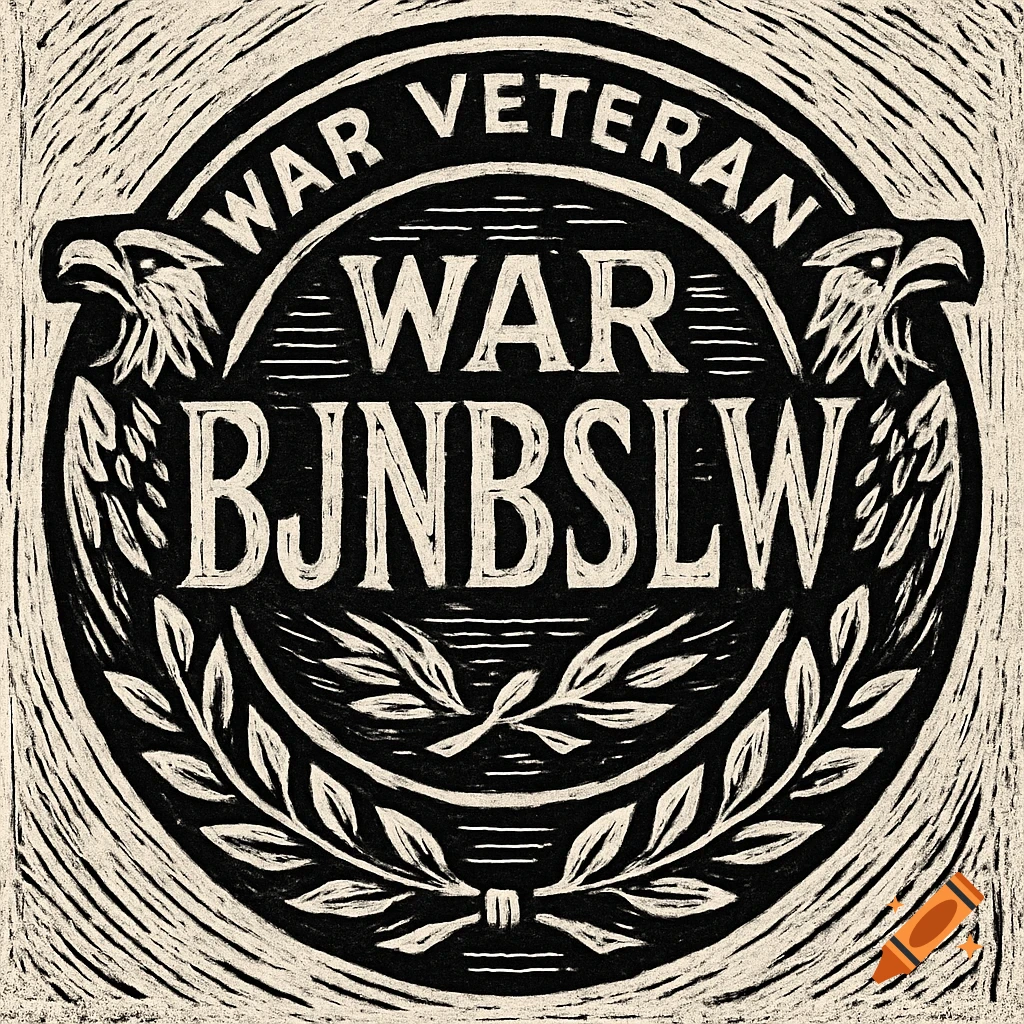 A black and white linocut style circular emblem with two eagle heads, text 'WAR VETERAN', 'WAR', 'BJNBSLW', and a laurel wreath.