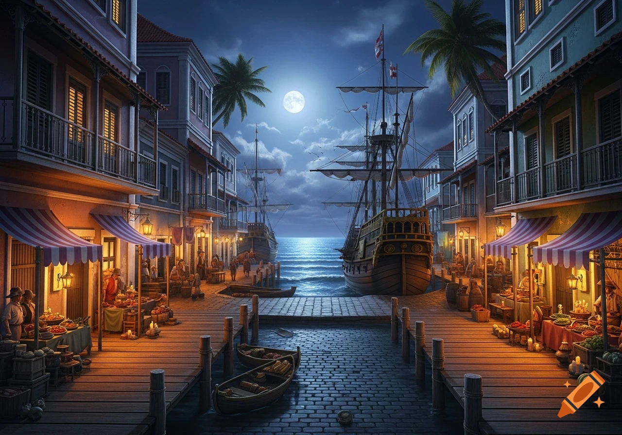 Bustling 18th-century Caribbean port town at night, with market stalls on wooden docks, tall ships, and a full moon.