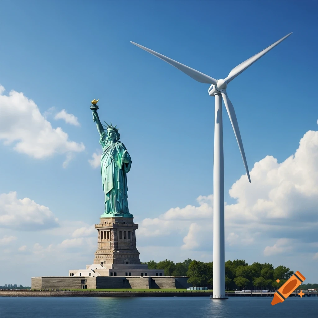 Photorealistic image of the Statue of Liberty and a tall wind turbine standing side-by-side in water under a blue sky.