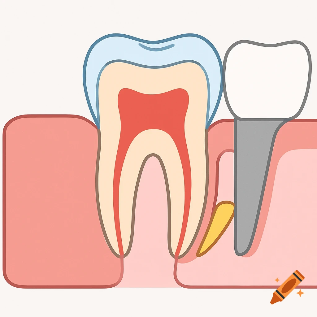 A 2D medical diagram showing a cross-section of a tooth with pulp, dentin, and enamel, alongside a dental implant with a crown, set in pink gums.
