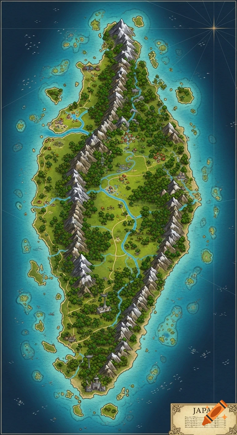 Stylized fantasy map of an elongated island with mountains, forests, rivers, and coastal villages, surrounded by smaller islands in blue water.