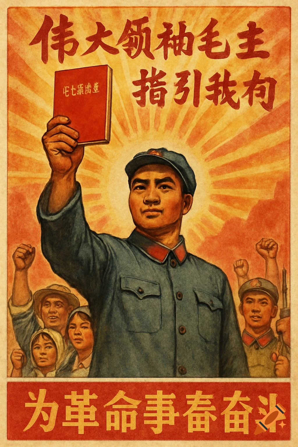 Vintage Chinese propaganda poster depicting a man resembling Mao Zedong holding a red book, with followers under a radiant sun.