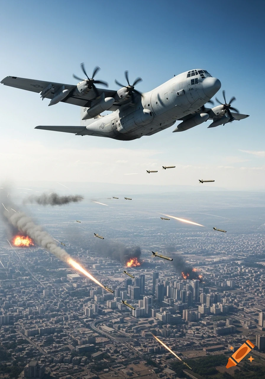 A light gray C-130 aircraft flies over a city, dropping bombs that explode on buildings below, creating smoke and fire.