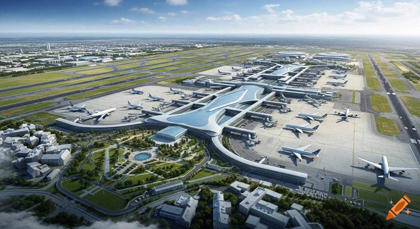 Aerial view of a large, modern airport with multiple aircraft parked at terminals and extensive runways.