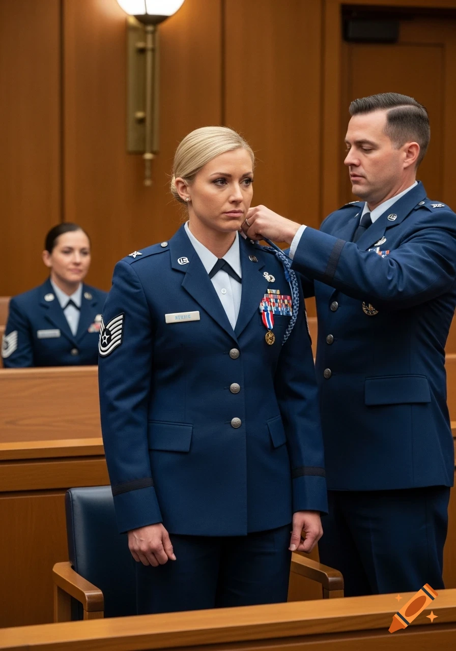 A blonde woman in a US Air Force uniform looks solemn as a male officer adjusts a blue braided cord on her uniform in a courtroom. Another female officer is blurred in the background.