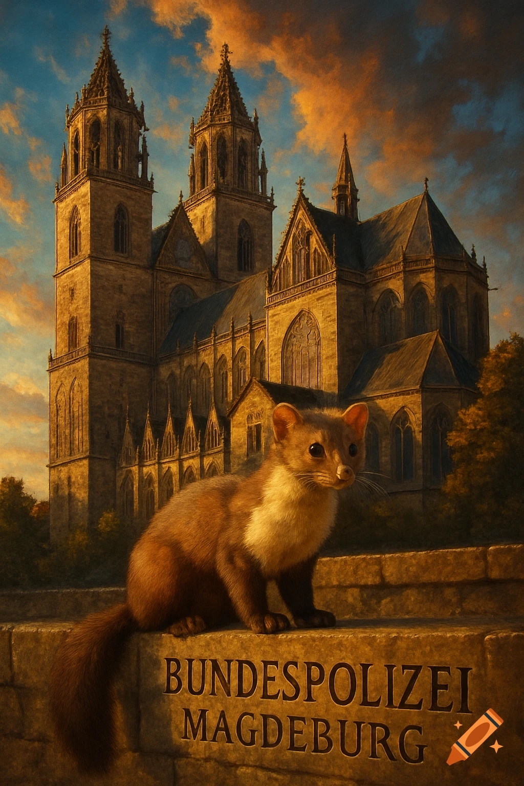 Photorealistic image of a marten on a stone wall inscribed with 'BUNDESPOLIZEI MAGDEBURG', set against the Magdeburg Cathedral at sunset.