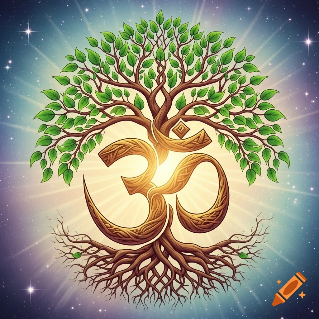 Stylized golden Aum symbol intertwined with a green tree of life, set against a cosmic starry background.