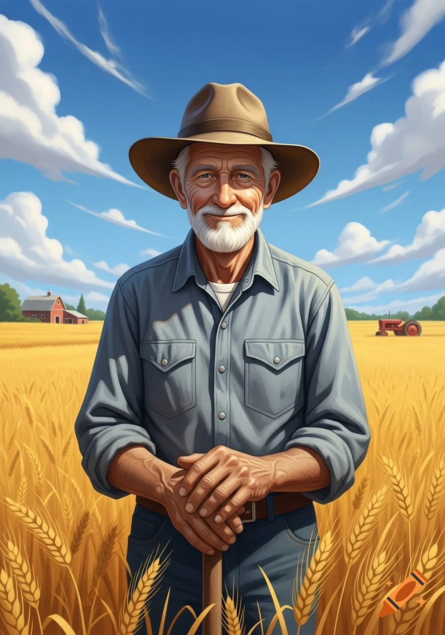 A smiling old farmer in a hat stands in a golden wheat field under a blue sky, an illustrated portrait.
