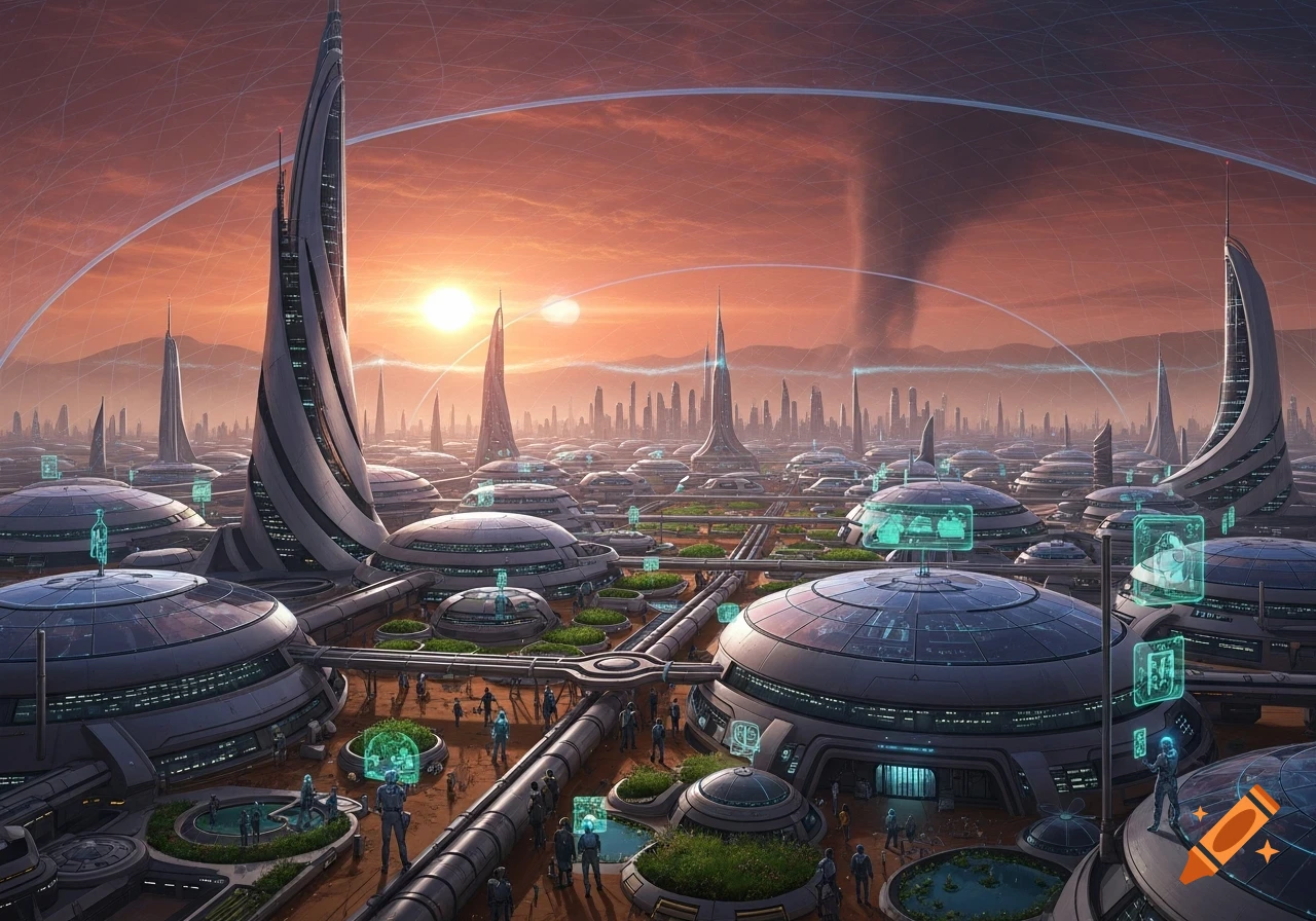 A vast, futuristic Martian colony city under an orange sky, with domed buildings, tall twisted skyscrapers, and glowing holographic interfaces.