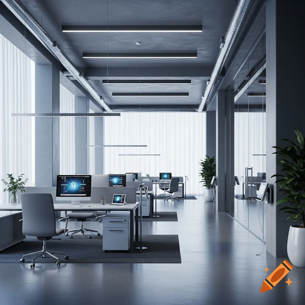 A modern, minimalist office space with rows of desks, computer monitors displaying abstract blue graphics, and potted plants, all in cool grey tones.