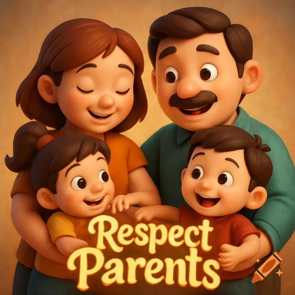 A cheerful 3D animated cartoon family portrait of two parents gently holding their two children, with 'Respect Parents' text.