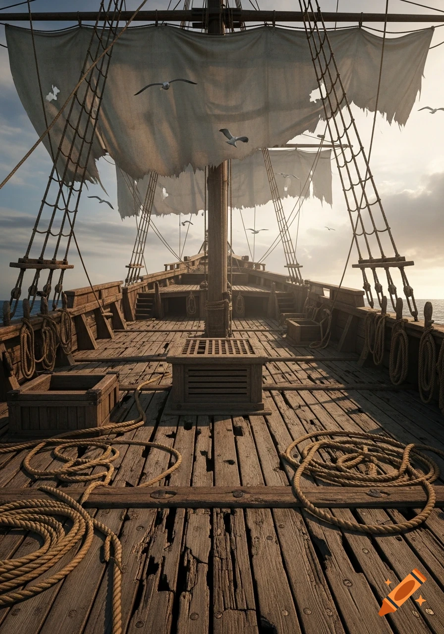 Photorealistic view of an old sailing ship's wooden deck with coiled ropes, tattered sails, and seagulls flying overhead at sunset.