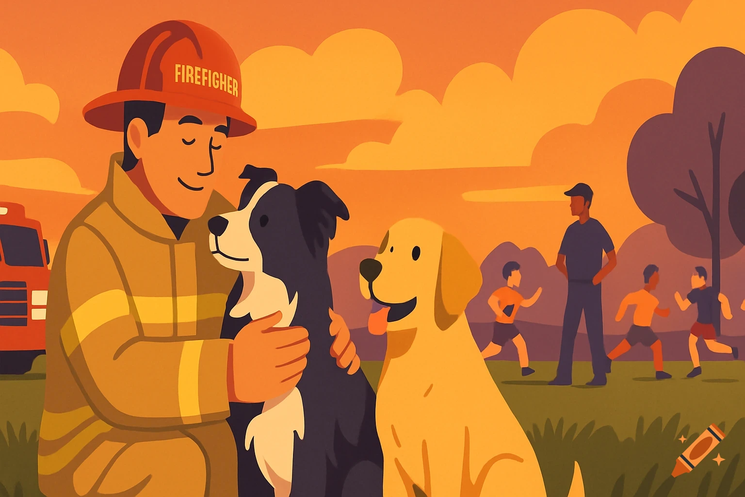A flat-style illustration of a smiling firefighter petting a black-and-white dog while a golden retriever sits beside him. Children play in the sunset background.