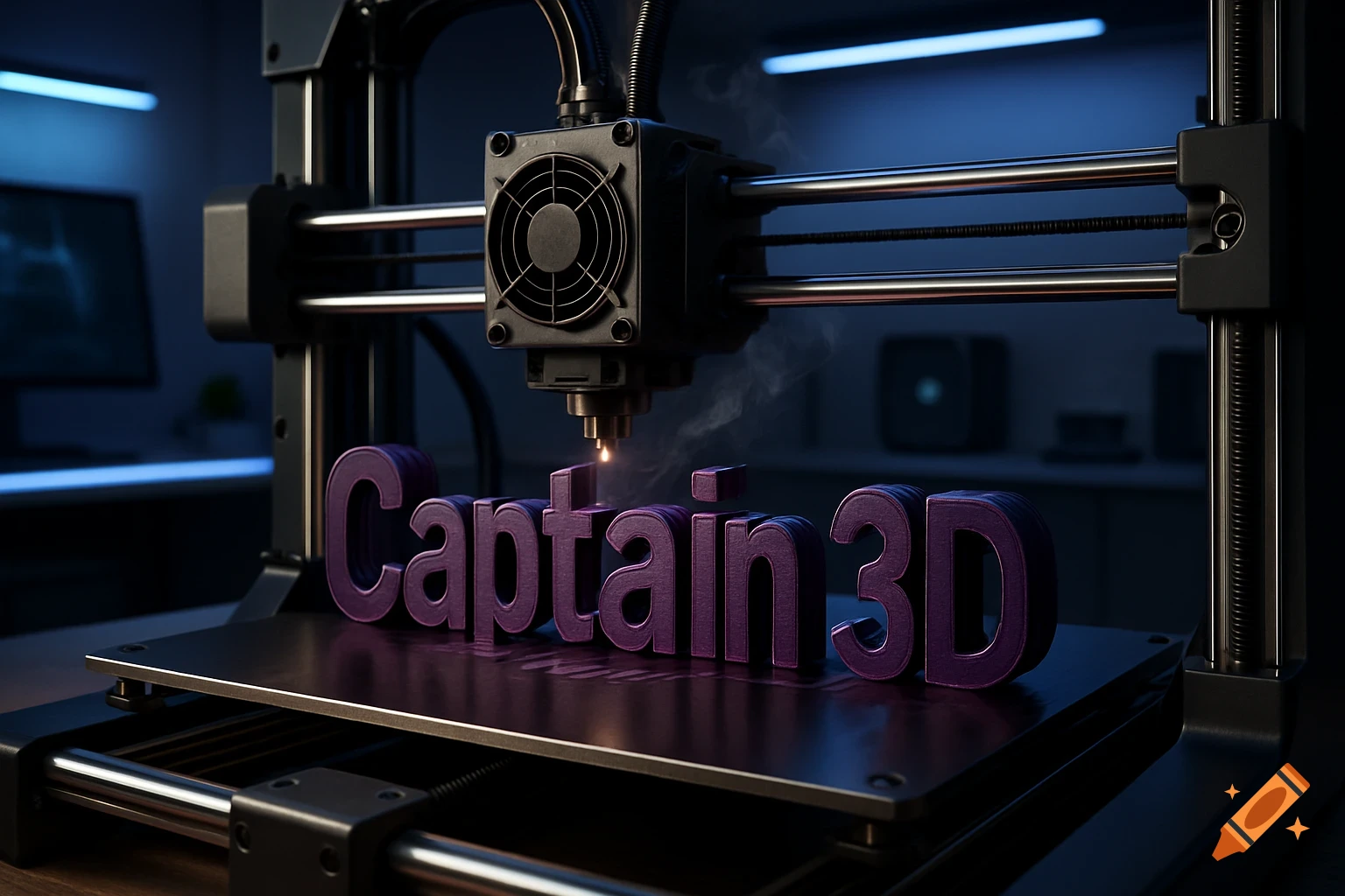 A 3D printer fabricating the dark purple text "Captain 3D" on a build plate, illuminated by the nozzle's light.