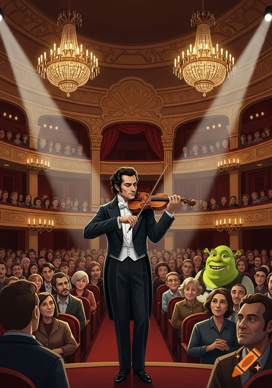 A violinist performs on a red-carpeted stage in a grand opera house, illuminated by spotlights, before a large audience including Shrek.