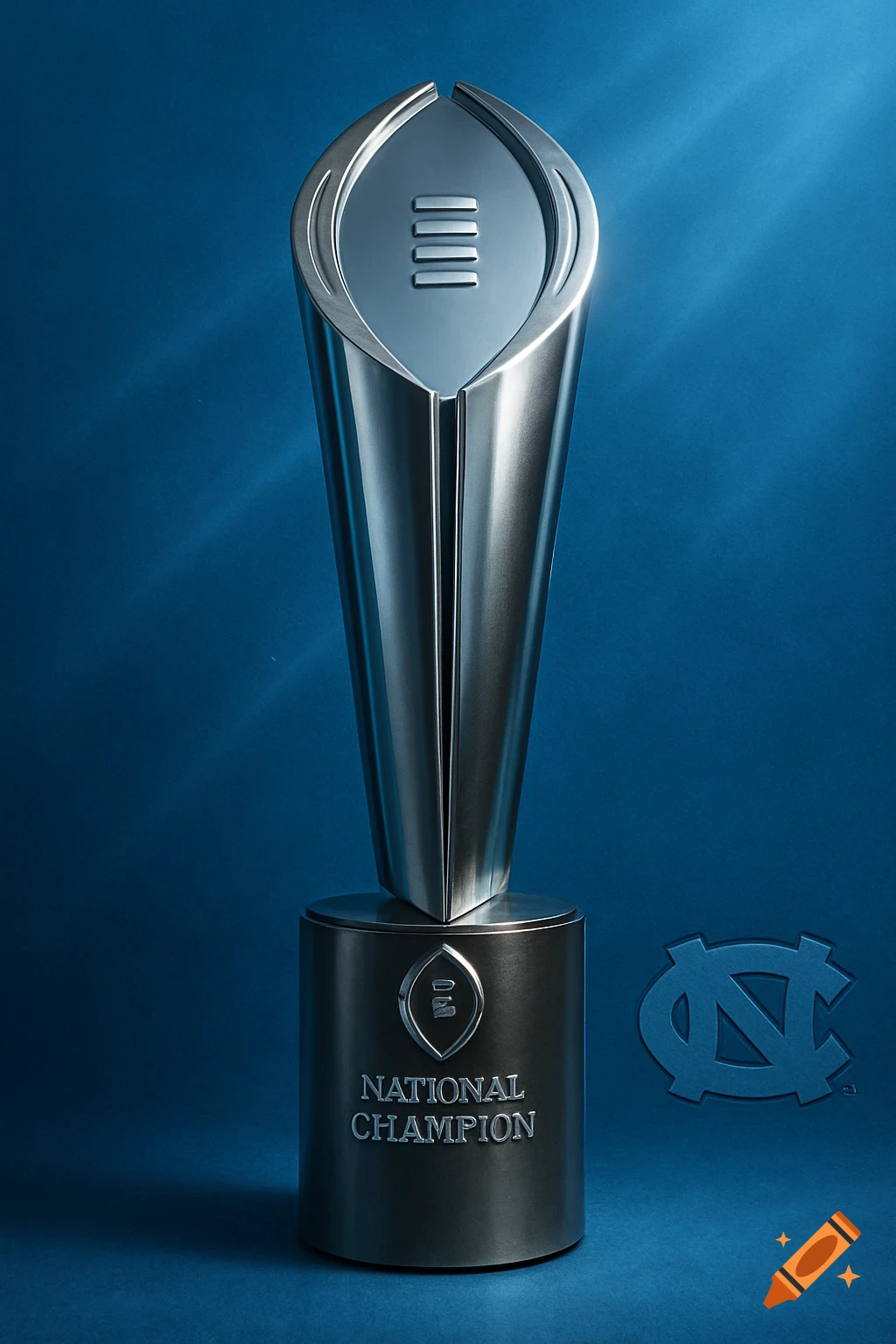 The College Football Playoff National Championship trophy stands on a blue background next to the North Carolina Tar Heels logo.