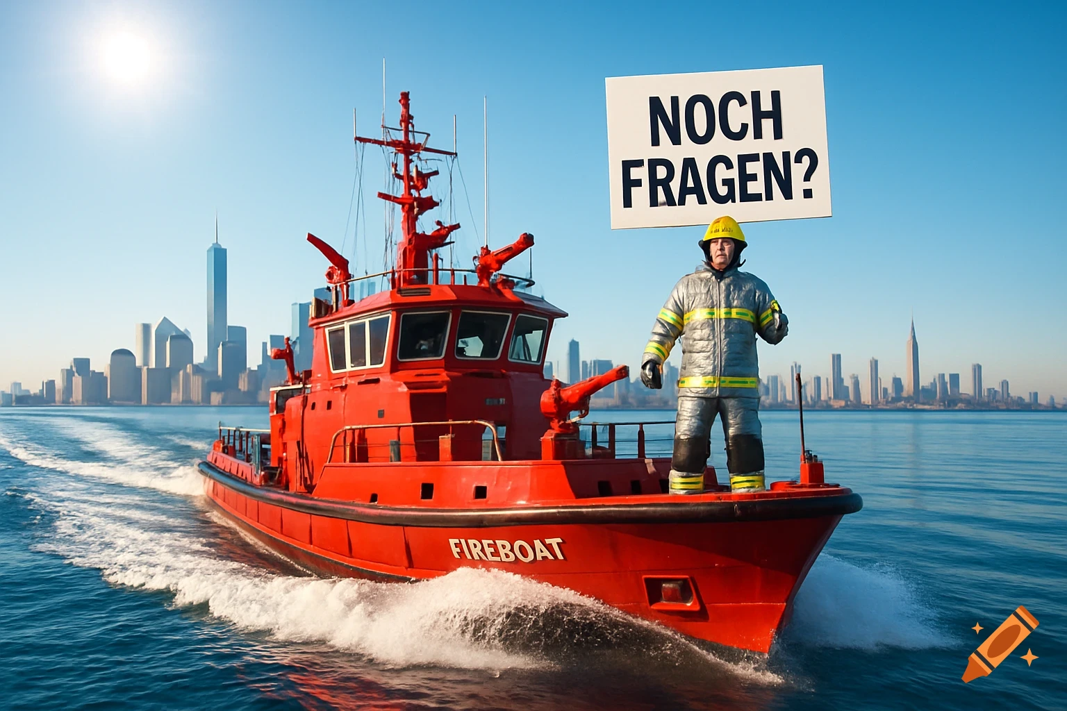 A red fireboat with a firefighter holding a 'NOCH FRAGEN?' sign cruises past a city skyline on a sunny day.