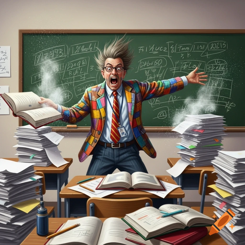 Mad male teacher in a colorful jacket screaming in a classroom overflowing with papers and books, with scribbled blackboard text.