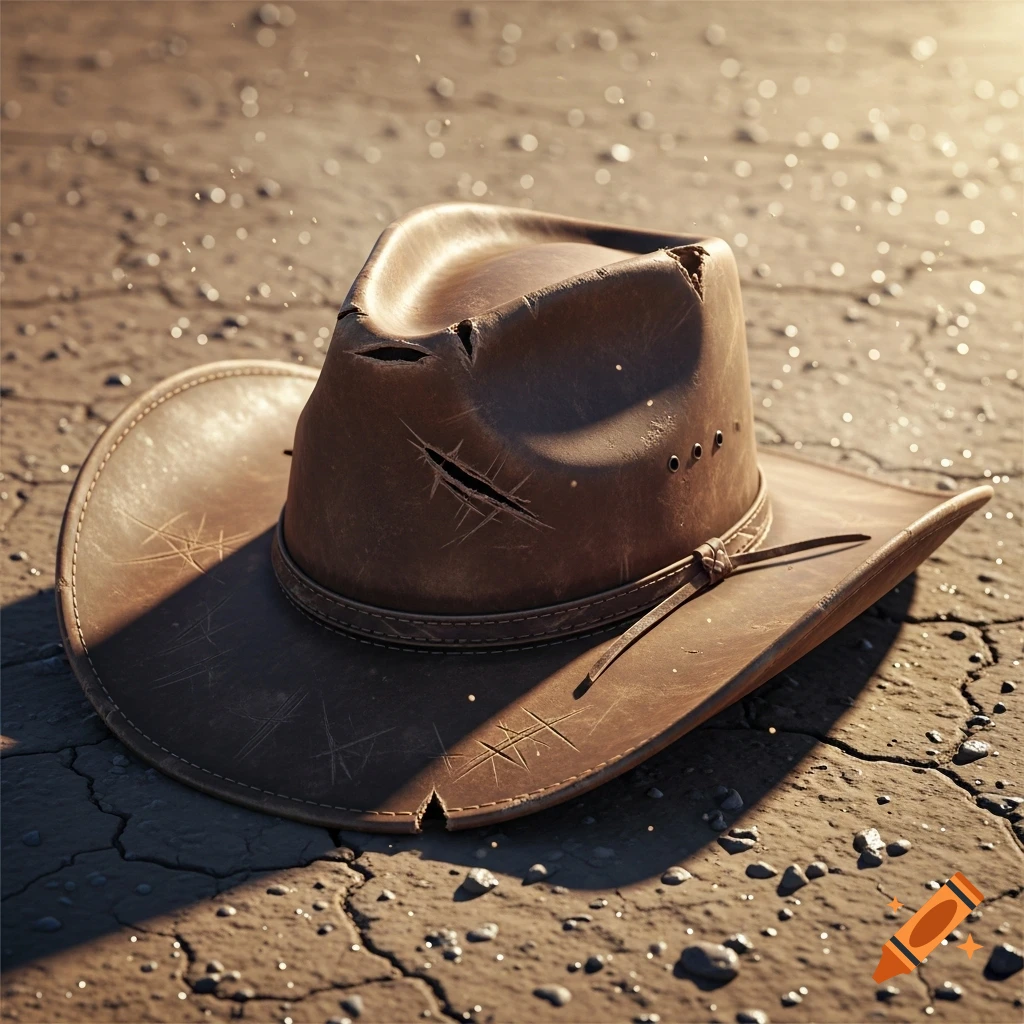 A distressed brown leather cowboy hat with rips and scratches lies on cracked, dry ground under bright sunlight, in a hyperrealistic style.