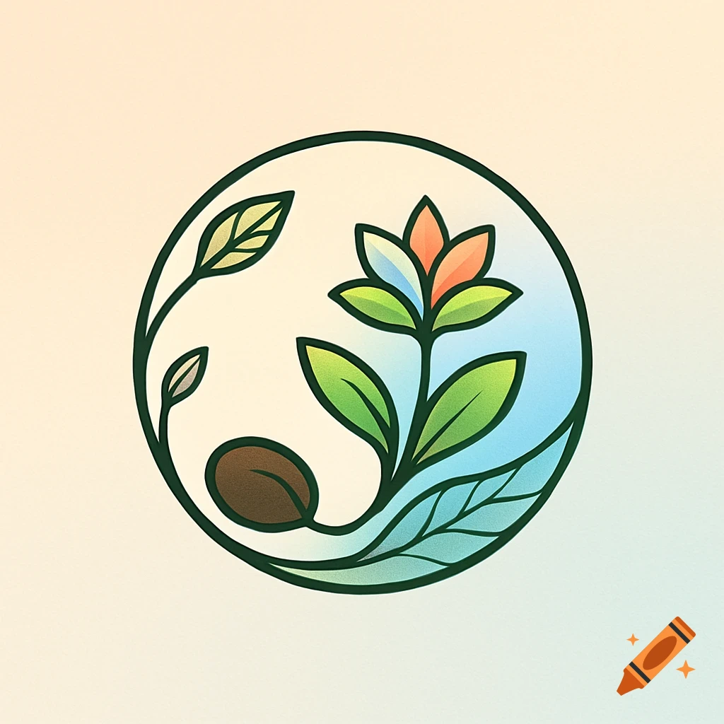 Circular logo featuring a stylized plant with a colorful flower and a coffee bean, on a light blue and green gradient background.