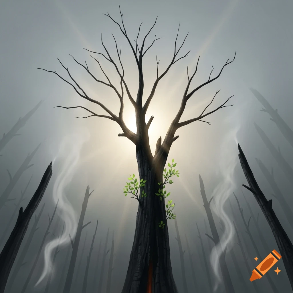 A central charred tree with vibrant green sprouts amidst a smoky, burnt forest in a stylized illustration.