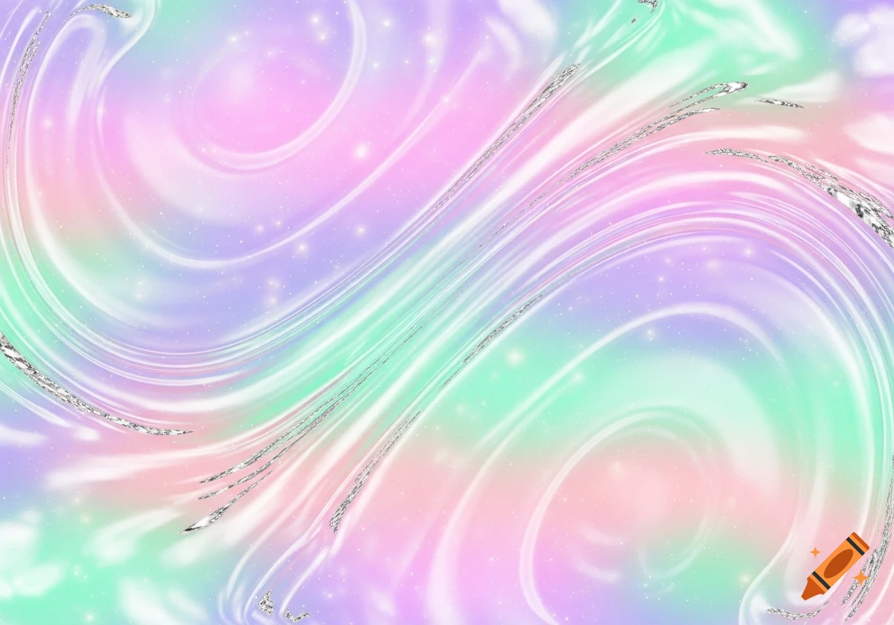 Abstract Y2K chroma pastel background with swirling gradients of pink, purple, blue, and green, accented with shimmering silver lines and glitter.