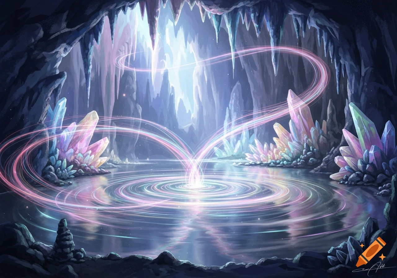 A vibrant fantasy art illustration of a glowing cave with iridescent water, colorful crystals, and light swirling above.
