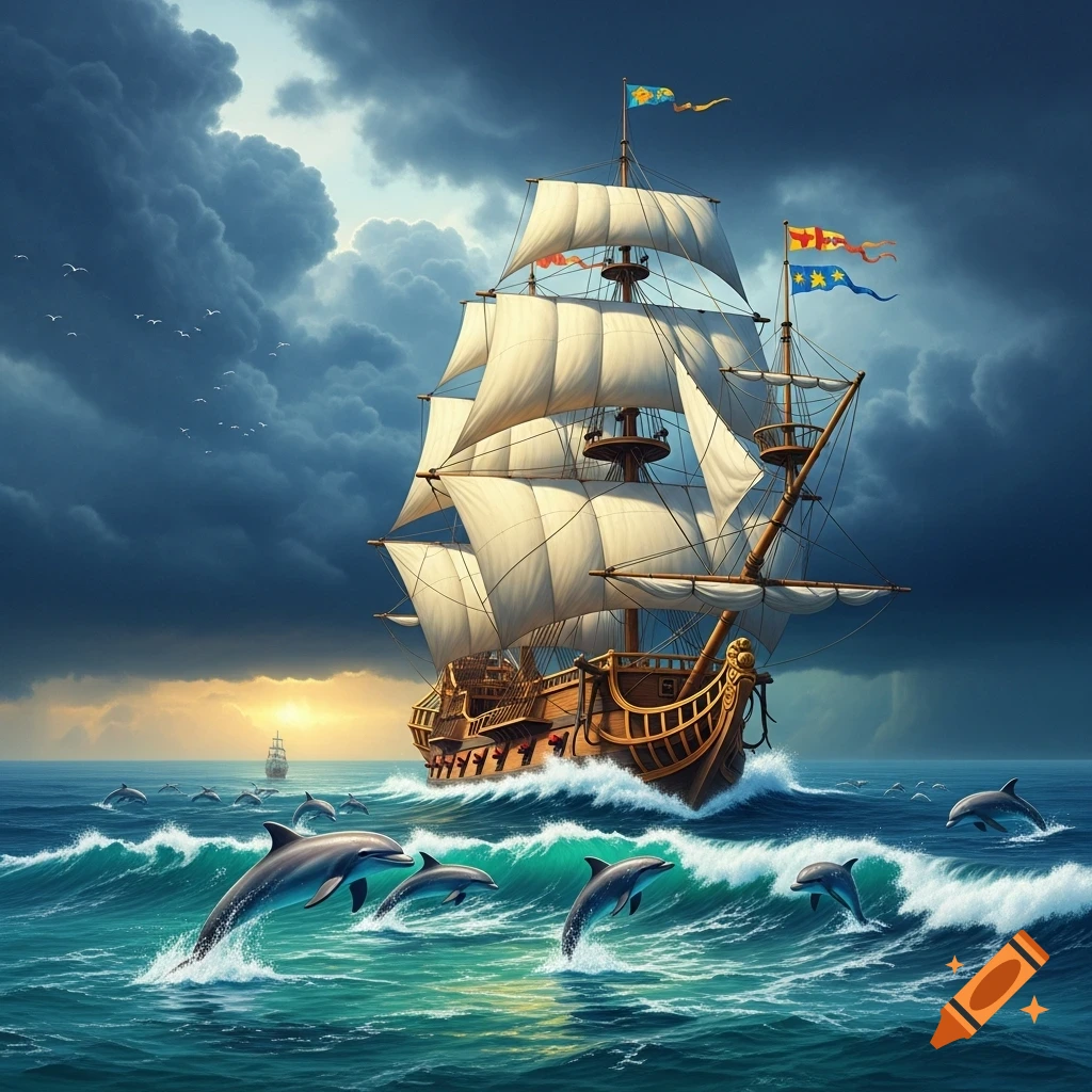 A grand pirate galleon with full sails battles rough waves under a dramatic, stormy sky, as dolphins leap in the foreground.
