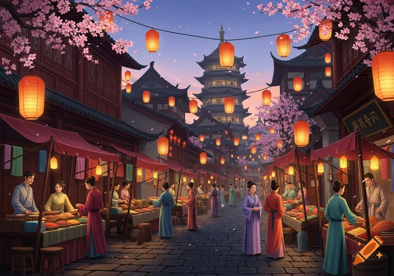 A bustling traditional Chinese night market scene with people, stalls, cherry blossoms, and many glowing red lanterns hanging above a pagoda in the distance under a dusk sky.