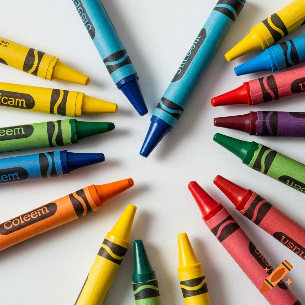 A close-up, overhead view of many colorful crayons arranged on a white surface.