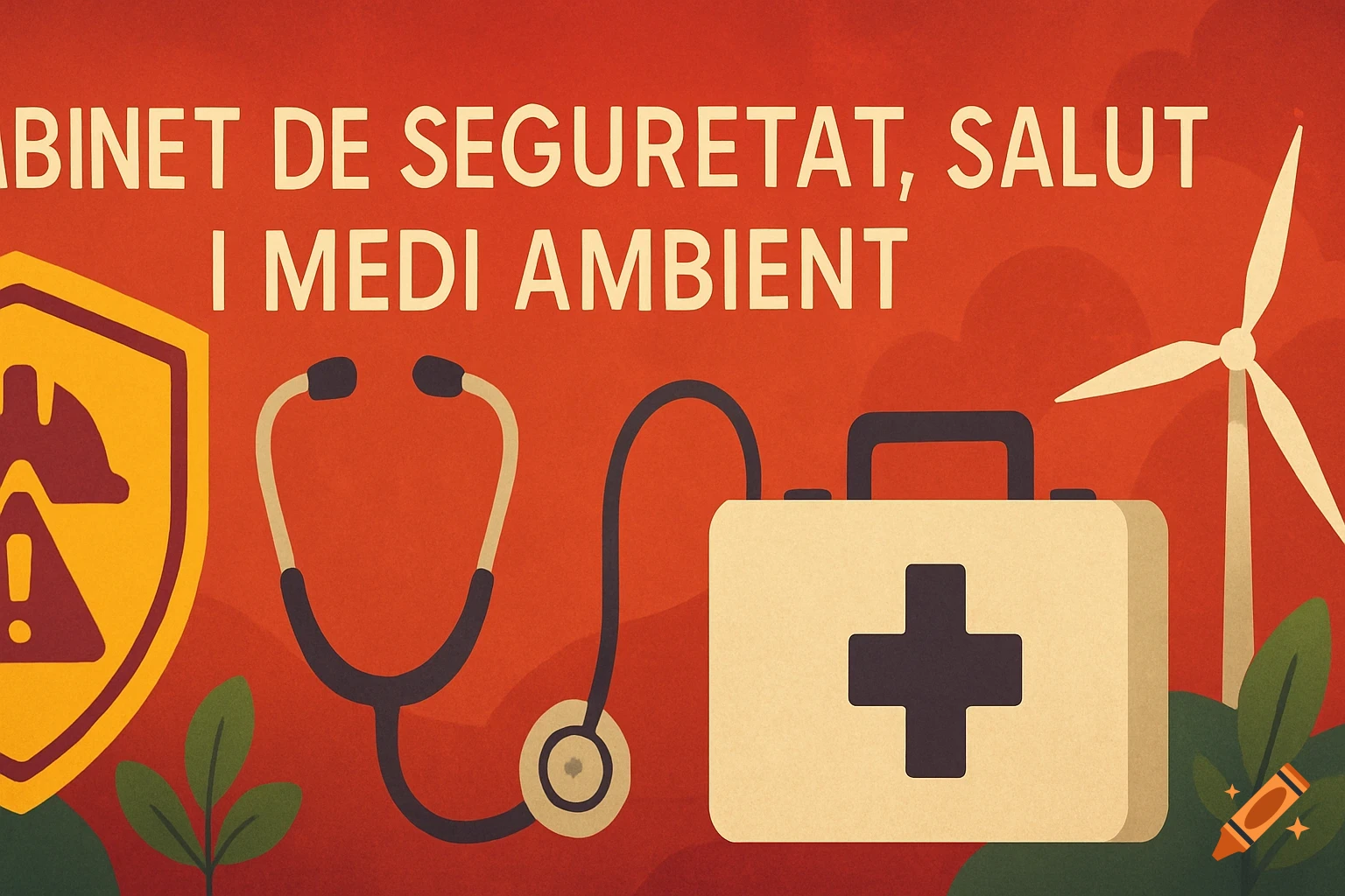 Flat illustration on a red background featuring a safety shield, stethoscope, first-aid kit, plant, and wind turbine, with text "GABINET DE SEGURETAT, SALUT I MEDI AMBIENT".