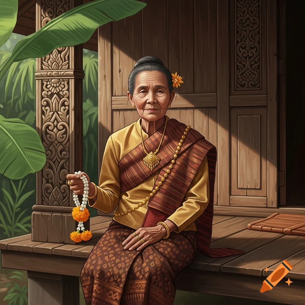 An elderly Thai woman in traditional yellow and brown attire sits on a wooden porch, holding a white and orange flower garland. Illustrated.