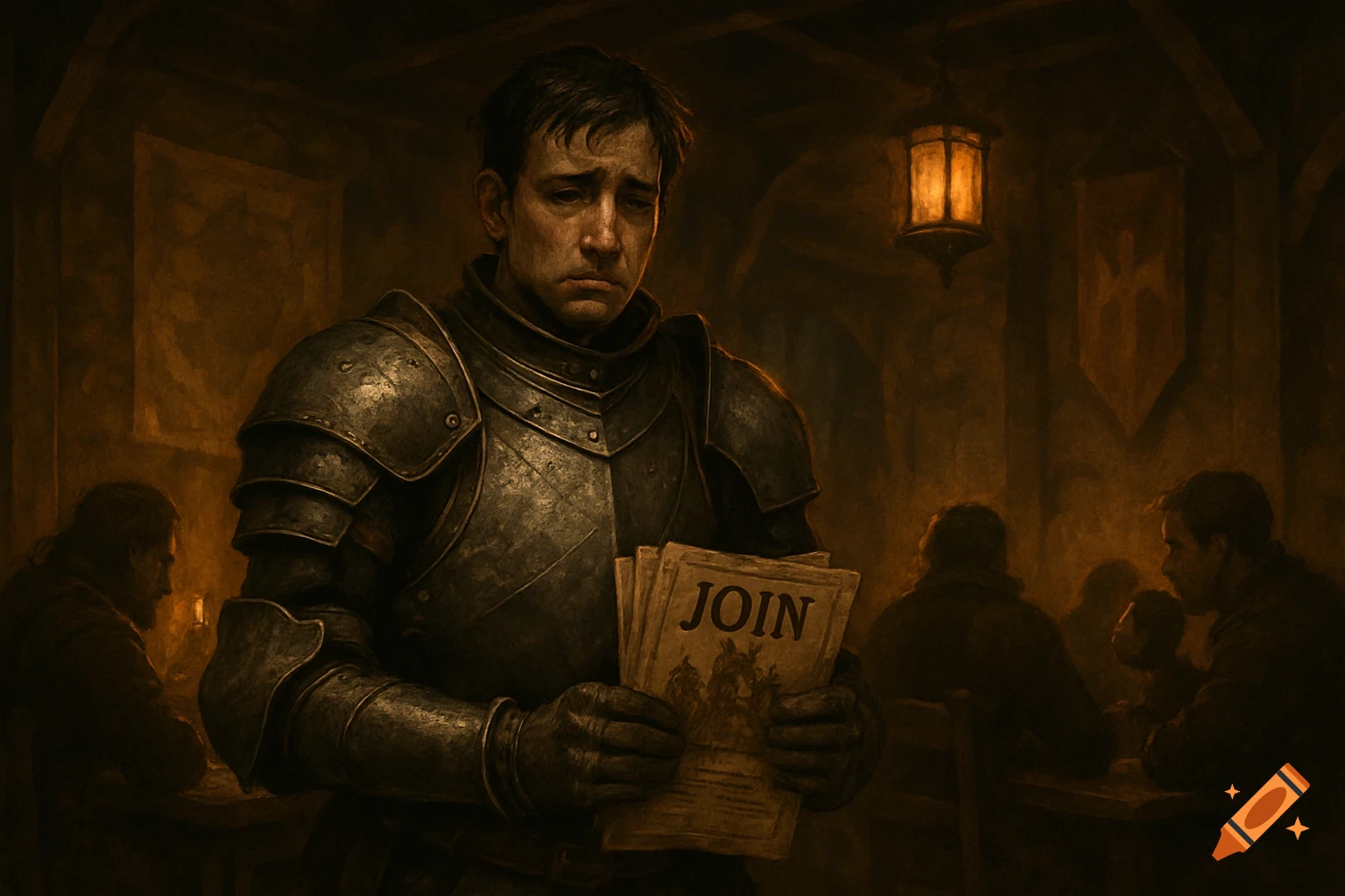 A despondent medieval soldier in plate armor holds 'JOIN' recruitment flyers in a dimly lit, rustic pub.