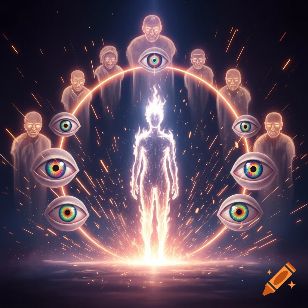 A glowing person made of white fire surrounded by a circle of ethereal ancestors and psychedelic eyes with sparks.