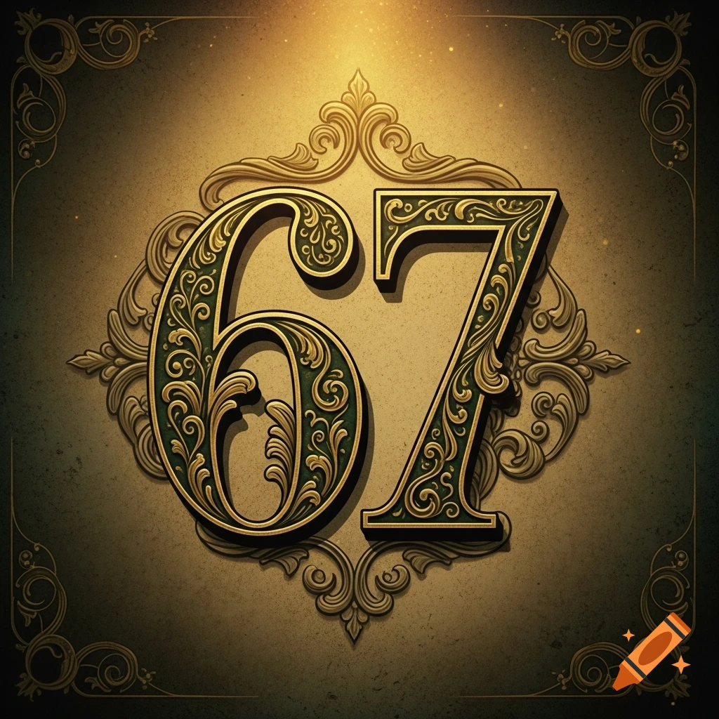 Ornate gold and green number 67 with intricate scrollwork, set against a dark gold background with decorative borders.