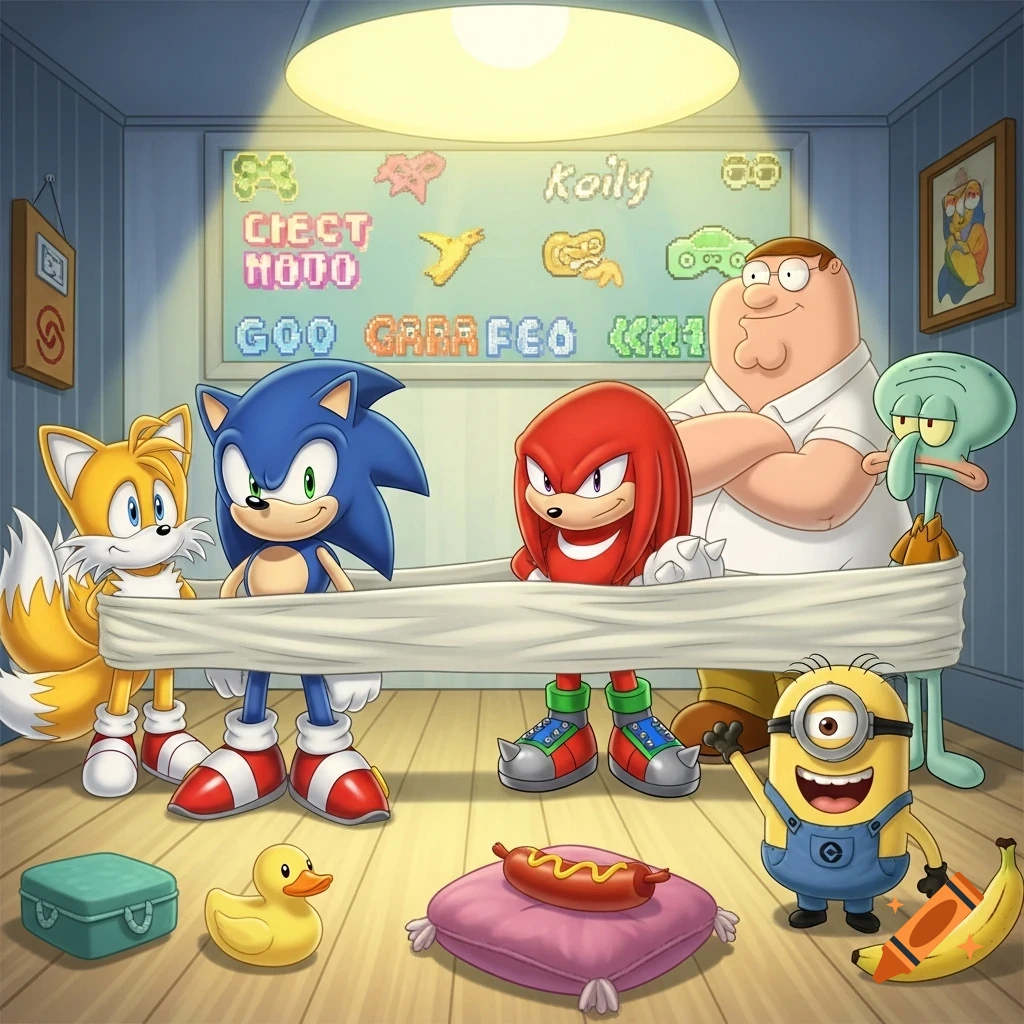 Tails, Sonic, Knuckles, Peter Griffin, Squidward, and a Minion hold a white sheet in a room with a pixel art board, rubber duck, chili dog, and banana.