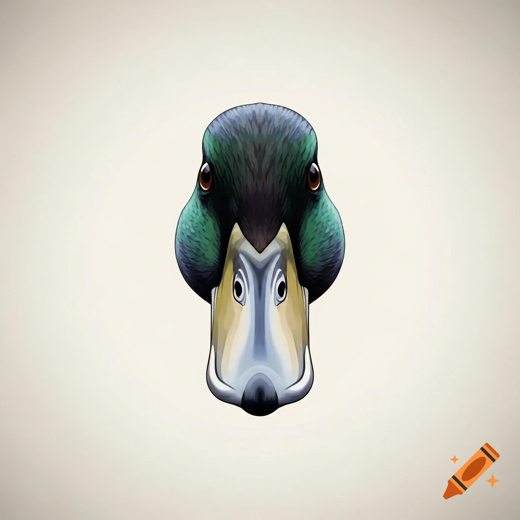 Front-facing, stylized illustration of a duck's head with green and black feathers and a yellow and gray beak.