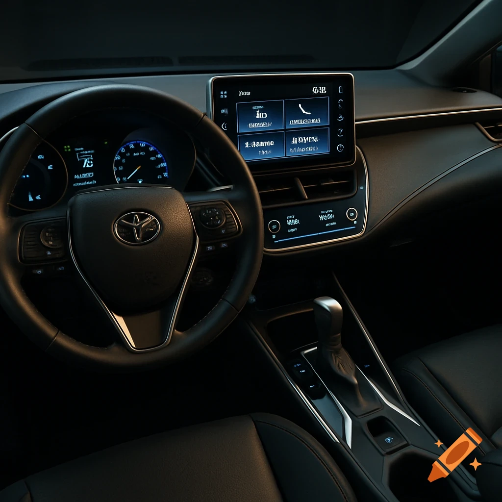 Photorealistic interior view of a car dashboard, featuring a steering wheel and digital screens.